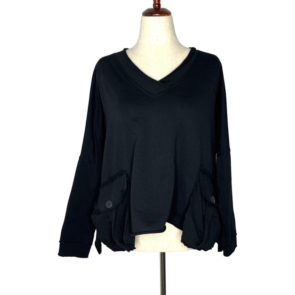 Planet Womens Top OSFA Black V-Neck Cotton Raw Hem Pockets Drop Shoulders Boho
